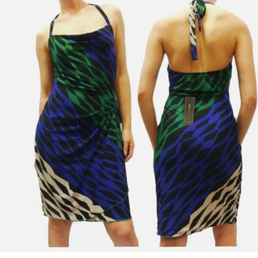 BCBG MAXAZRIA Ruched Halter Dress  Size Large Zebra Print Blue Green Cocktail